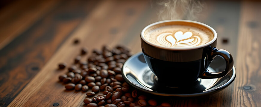 Aromatic coffee with latte art, steaming in a black cup, resting on a rustic wooden table with coffee beans. Indulge in this moment!
