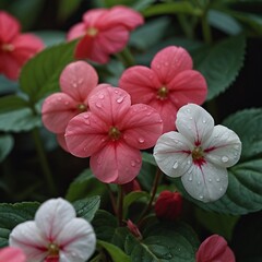 Obraz premium Vibrant Red Impatiens Blooms in Backyard Garden Close-Up