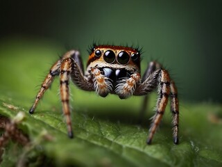 Vivid Close-Up of Colorful Jumping Spider on Green Background with Detailed Observation of Eyes and Texture in Natural Habitat