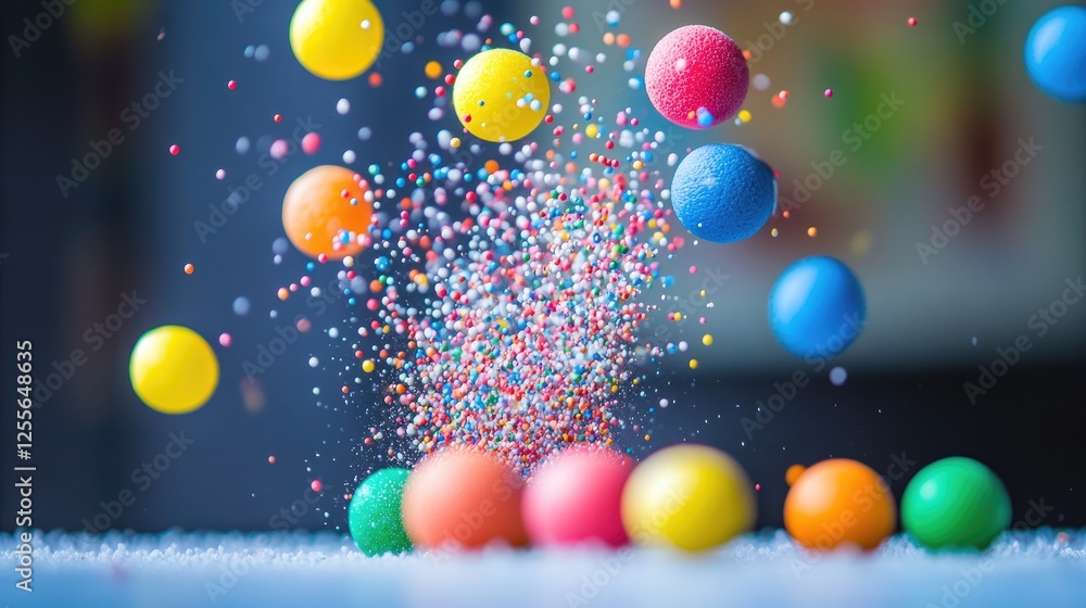 Aufkleber Close-up of colorful Styrofoam mini balls exploding outward in a burst of motion blur, adding vibrancy and energy to the composition