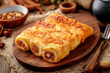Delightful pastry rolls filled with sweet goodness on a rustic wooden platter