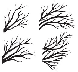 Bare tree branches on white background. Black and white dead tree clipart. Branch silhouette icon set. Hand drawn black tree twig. Cartoon dry tree without leaves