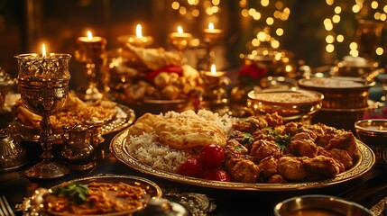 A festive thali for Diwali celebrations, rich Mughlai curries, saffron rice, stuffed naan, deep-fried pakoras, and ladoos for dessert, ornate golden utensils, flickering diyas in the background,