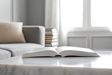 Open Book Rests on Modern Table in Bright Room, Inviting Relaxation and Leisurely Reading.