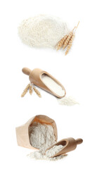 Flour isolated on white, set. Paper bag and scoop