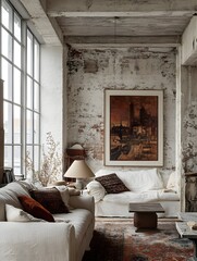 A warehouse-converted living space with steel beams and a white frame positioned beside vintage lamps.