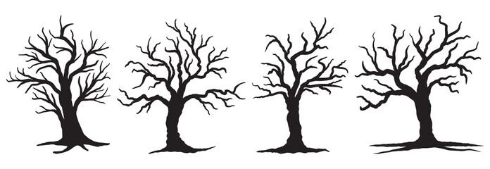 Bare tree silhouettes with roots. Spooky trees collection of halloween vector isolated on white background. Cartoon Leafless trees with empty branches. Scary, haunted and creepy curly plant element