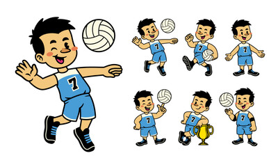 Set Cute Cartoon Character Of  Volleyball Player