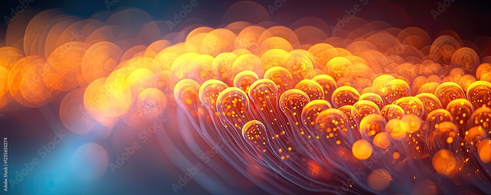 Poster Microscopic ocean life idea. Vibrant abstract image featuring glowing orbs in warm colors creating a dynamic effect.