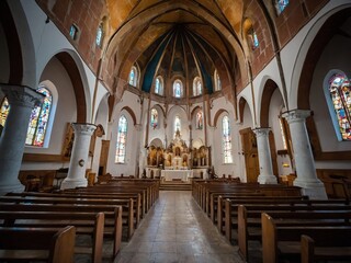 Fototapeta premium Serene Church Interior with Stained Glass and Wooden Ceiling Showcasing Architectural Beauty