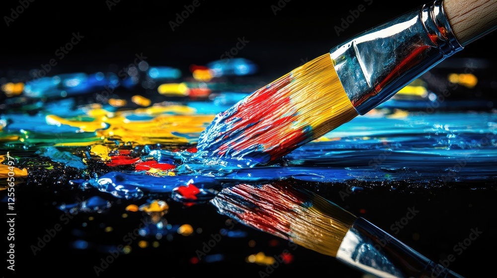 Poster colorful paint dripping from a brush and splashing onto a shiny black surface, creating an abstract,