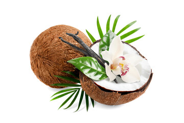 Coconuts, green leaves, vanilla pods and flower isolated on white