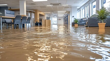Flooded office lobby; water damage; cleanup needed; insurance claim