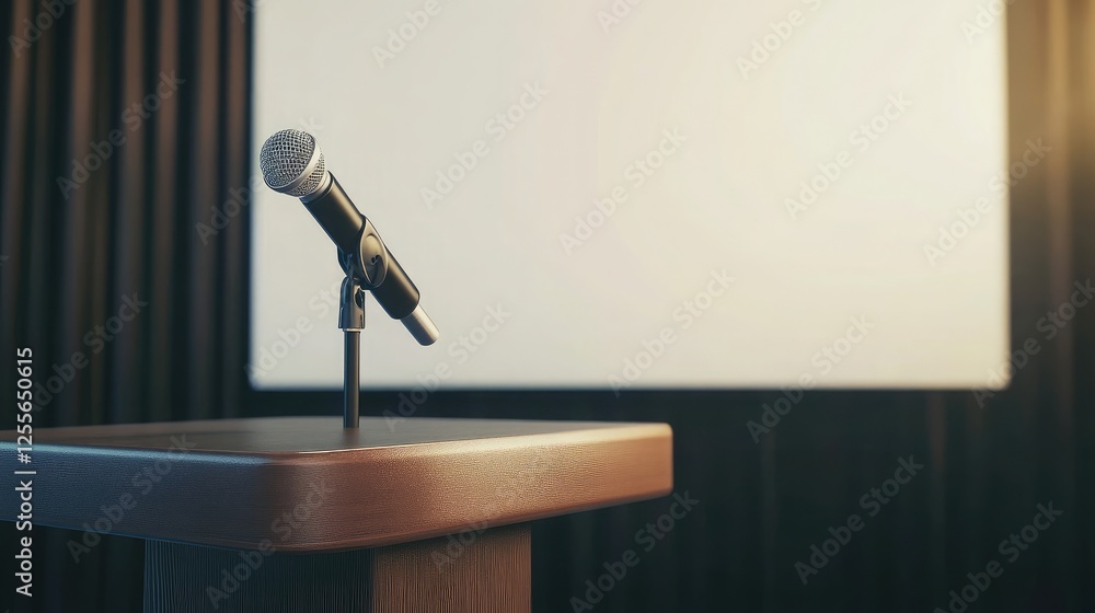 Poster a minimalist podium with a microphone set up in front of a blank projection screen, ready for a busi
