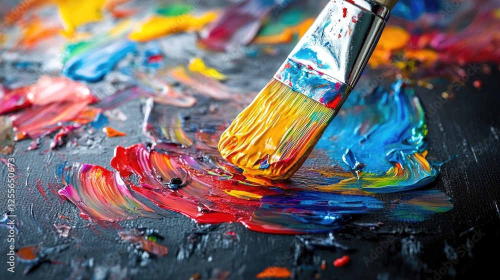 Aufkleber colorful paint dripping from a brush and splashing onto a shiny black surface, creating an abstract,
