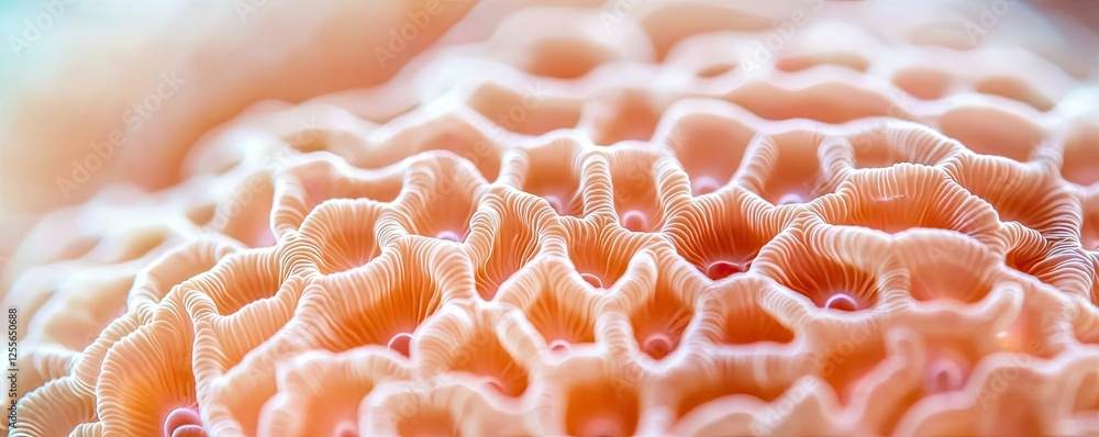 Poster Coral reefs microscopic concept. Close-up view of delicate coral structure showcasing intricate textures and colors.