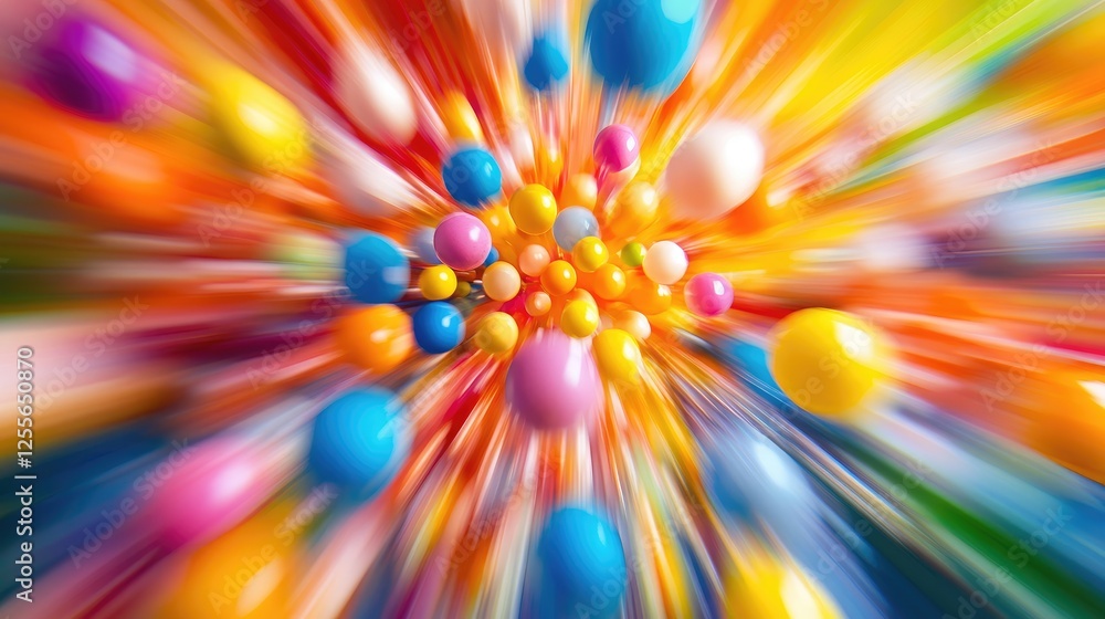Poster Colorful Styrofoam mini balls exploding outward in a vibrant motion blur, creating an energetic and visually dynamic image full of life and movement