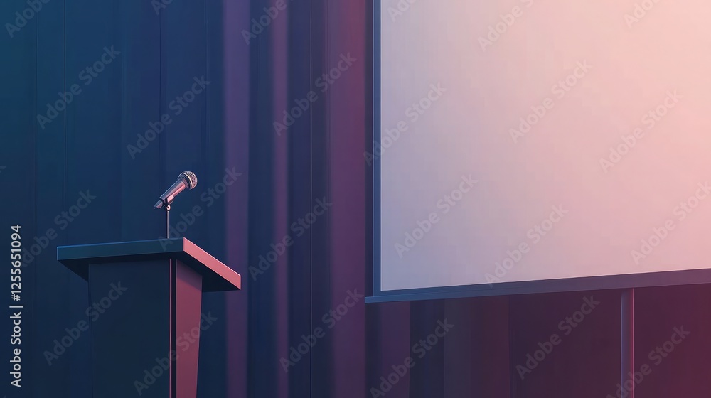 Poster a minimalist podium with a microphone set up in front of a blank projection screen, ready for a busi