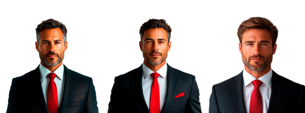 Set of man in formal suit with red tie isolated on transparent background
