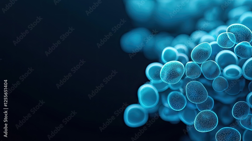 Poster coral reefs microscopic concept. close-up view of blue biological cells against a dark background, s
