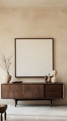 A warm, neutral-toned interior with a large blank frame above a handcrafted wooden sideboard.