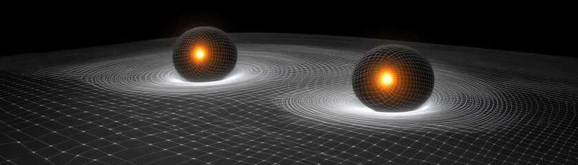 Two glowing spheres on rippled surface, dark background, science concept