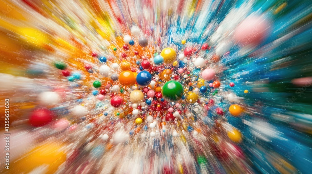 Aufkleber Colorful Styrofoam mini balls exploding outward in a vibrant motion blur, creating an energetic and visually dynamic image full of life and movement