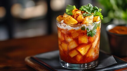 A gourmet plate of masala fries, crispy golden potato fries tossed in tangy Indian spices, topped with creamy yogurt, tamarind sauce, and fresh cilantro, vibrant colors,