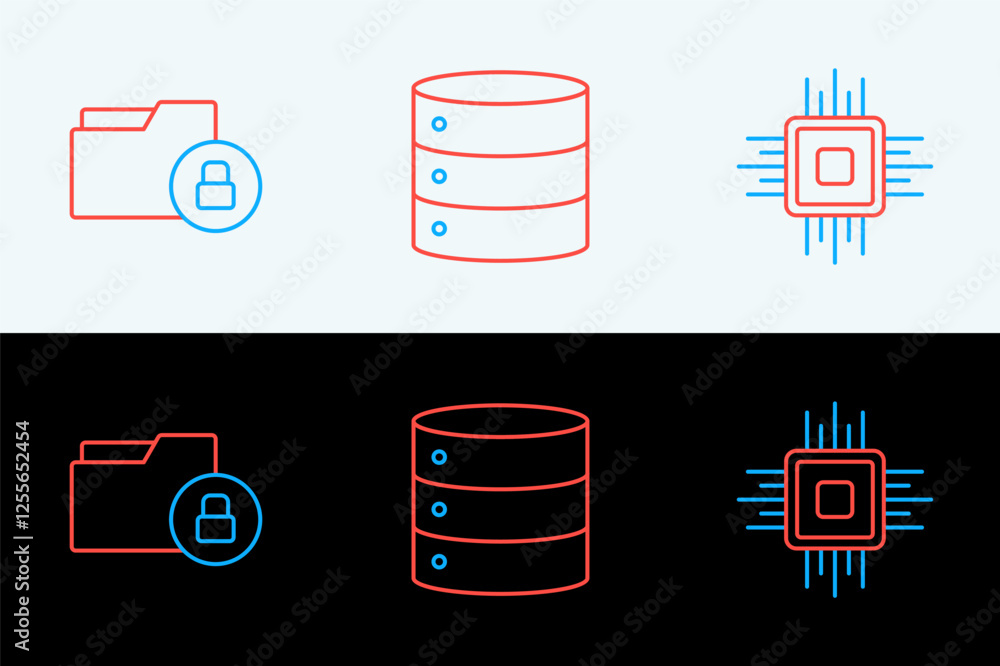 Poster Set line Processor CPU, Folder and lock and Server icon. Vector