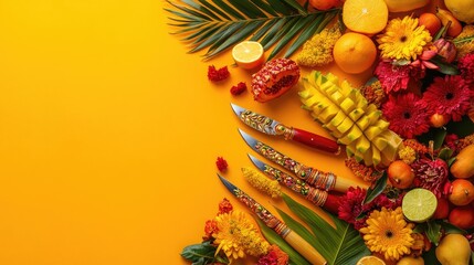 Naklejka premium Festive Thaipusam banner with a yellow-orange gradient, decorated kavadi knives, fruits, and flowers arranged for a cultural celebration