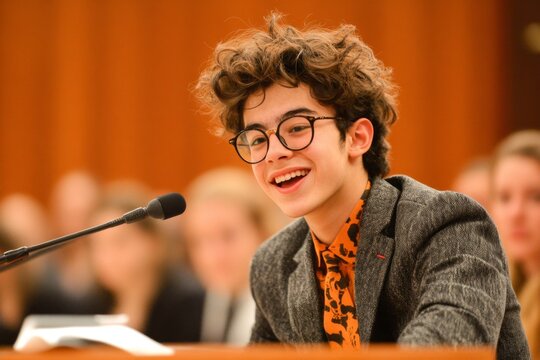 An intermediate student excitedly participating in a debate competition