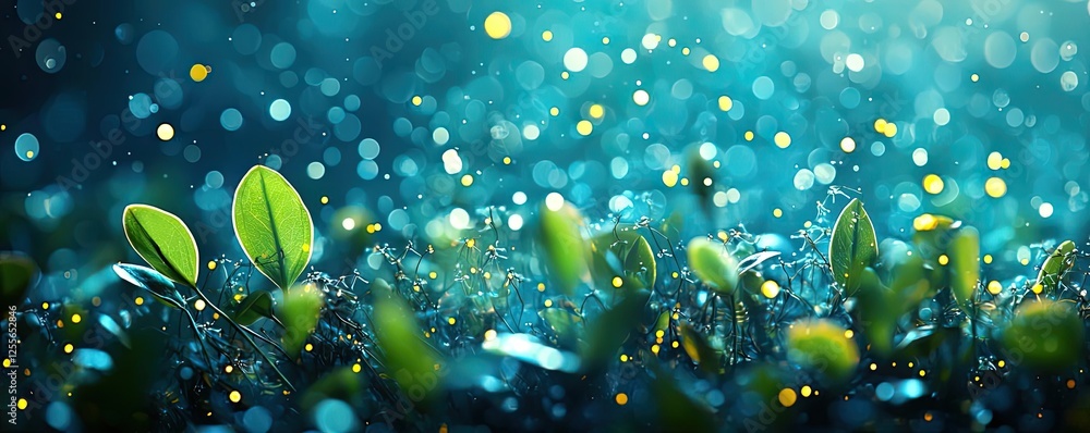 Aufkleber marine life microscopic idea. close-up of vibrant green leaves emerging from moist earth with a drea