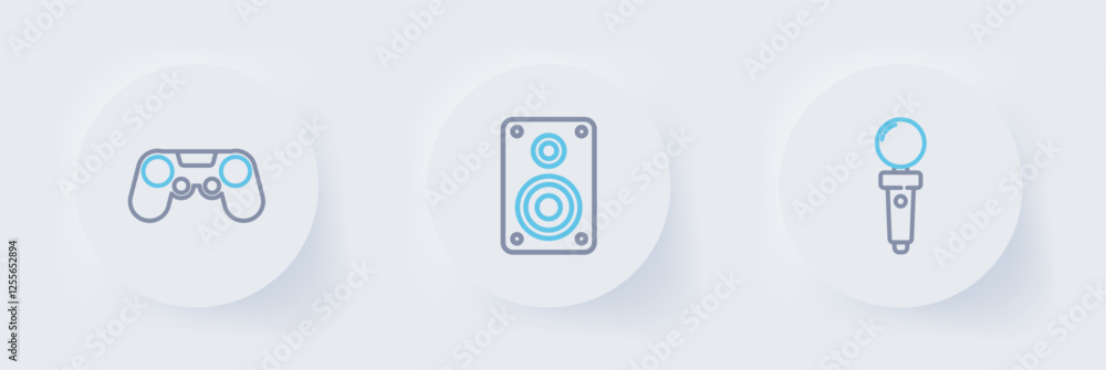Poster set line joystick for arcade machine, stereo speaker and gamepad icon. vector