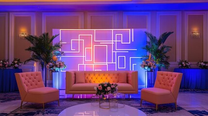 A modern photo booth setup with props and a backdrop, ready for attendees to capture memories