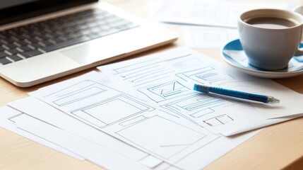 A modern workspace featuring a sleek laptop, a cup of coffee, and a notepad with sketches, symbolizing the creative process of a startup