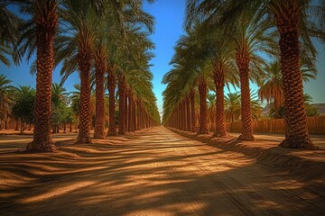 Lush palm tree avenue with vibrant shadows on a sunlit dirt road in a serene desert oasis