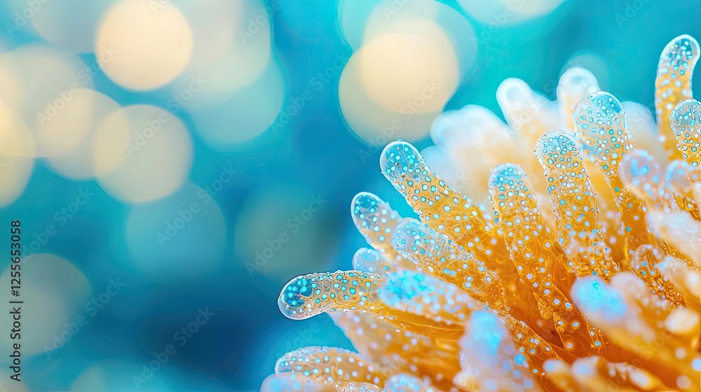 Poster microscopic ocean life idea. close-up of vibrant coral polyps with soft focus and shimmering blue ba