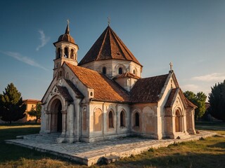 Naklejka premium Historic Church Building with Dome and Stone Exterior in Serene Rural Setting