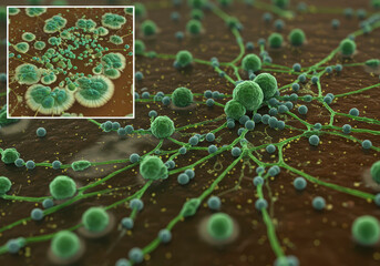 Medical 3D Rendering and Colony Image of Penicillium Mold, a Common Fungi in Antibiotic Production and Food Spoilage