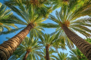 Lush palm trees reaching towards a clear blue sky, creating a serene tropical atmosphere