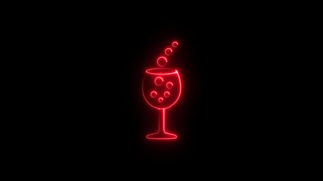 Animated Neon Glowing Wine Glass Icon on black background. Champagne Glasses Line Icon motion graphics. Glass cup 4k video footage.