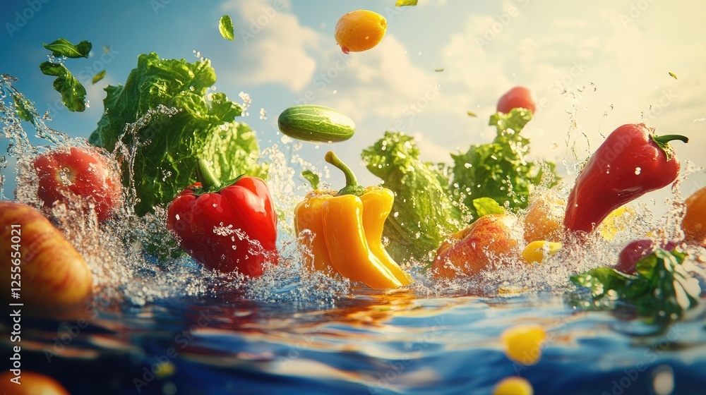 Poster Fresh vegetables and fruits jumping into water with dynamic splashes, creating a lively and colorful scene against a wide backdrop