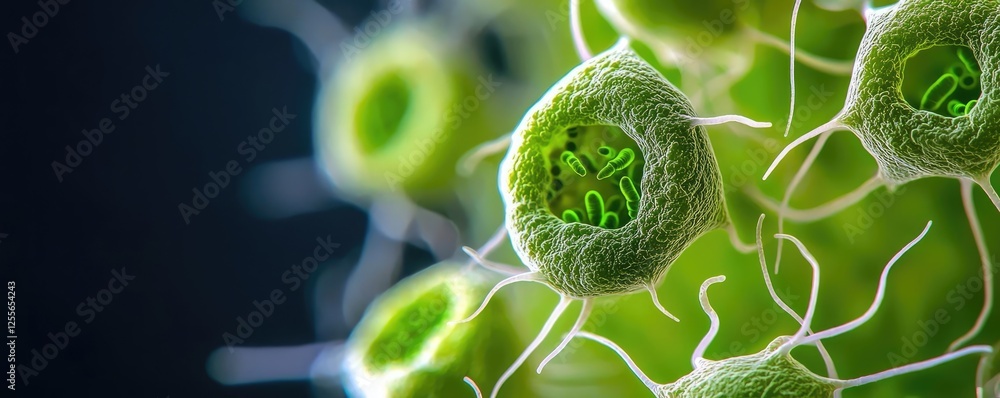 Poster marine life microscopic idea. close-up view of green cells revealing intricate cellular structures.