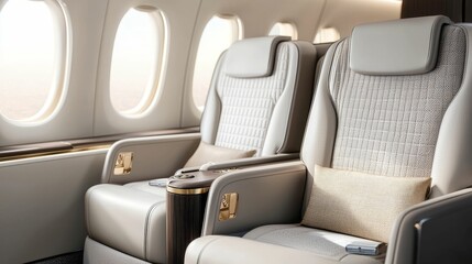Fototapeta premium Luxurious airplane seating with plush upholstery and ample legroom, designed for comfort during air travel.