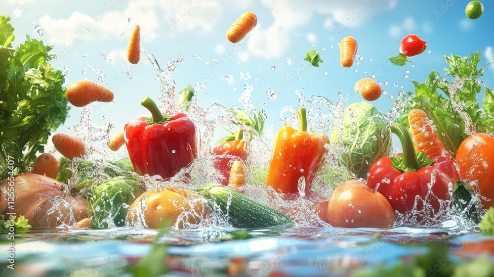 Poster Fresh vegetables and fruits jumping into water with dynamic splashes, creating a lively and colorful scene against a wide backdrop