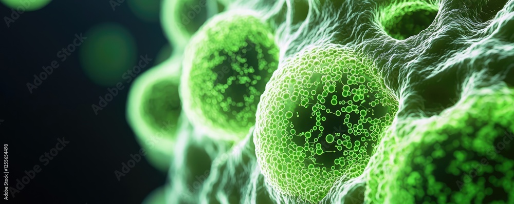 Poster marine life microscopic idea. close-up view of vibrant green cells illustrating intricate biological