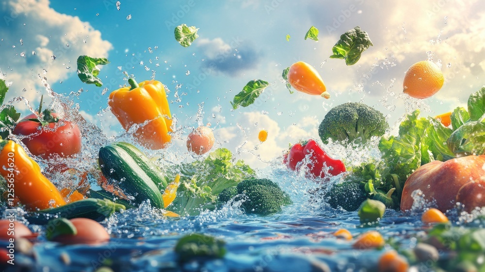 Poster Fresh vegetables and fruits jumping into water with dynamic splashes, creating a lively and colorful scene against a wide backdrop