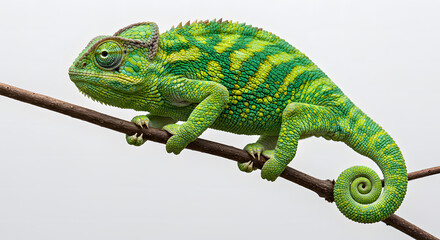 Obraz premium Green Chameleon on Branch with Yellow and Green Scales