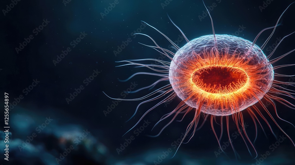 Poster microscopic ocean life idea. microscopic view of a glowing organism with tentacle-like structures in
