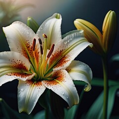 Elegant White Lily with Yellow Accents and Water Droplets in Natural Light Close-Up